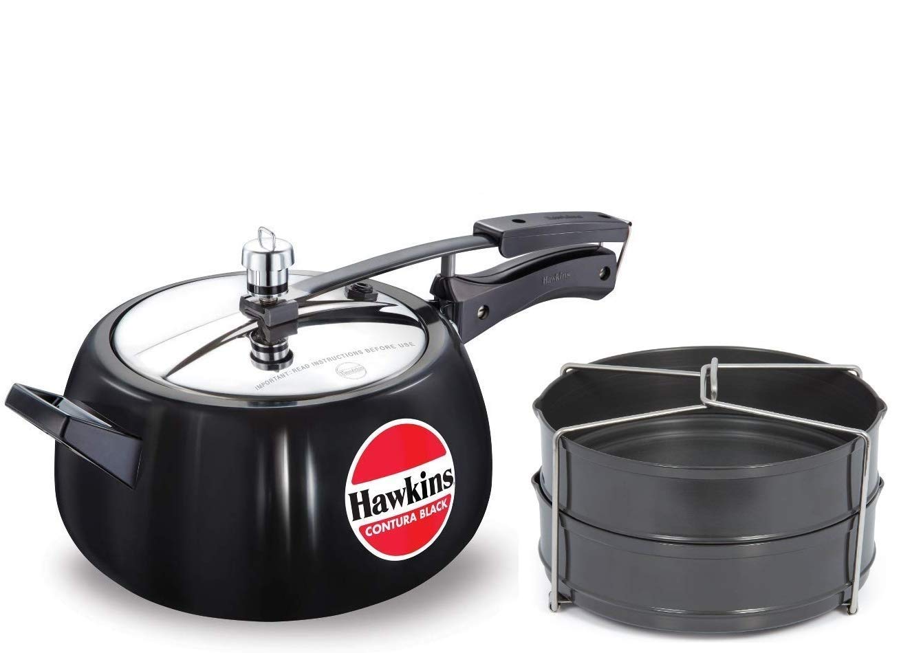 Hawkins Aluminum Contura Black Hard Anodised Inner Lid Pressure Cooker 5 Litres With Hard Anodised 2 Dish Set Separator (Silver)