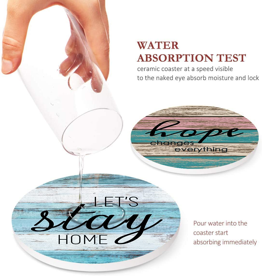 Britimes Coaster For Drinks Set Of 6, Wooden Planks Wood Paint Table Absorbent Round Ceramic Stone Mat, With Cork Base And Metal