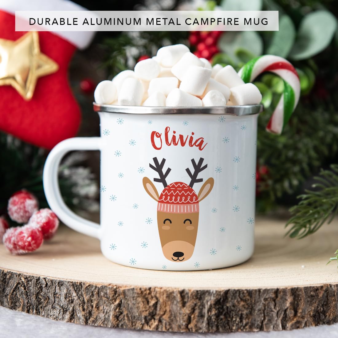 Andaz Press Personalized 11Oz. Christmas Hot Chocolate Stainless Steel Campfire Coffee Mug Gift, Reindeer With Red Hat, 1-Pack,