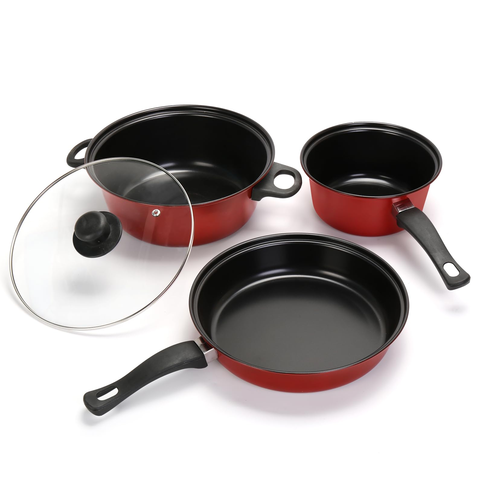 NonStick Cookware Set, 4 Piece Set Portable Lightweight Cast Iron Pots and Pans with Glass Lids and Nylon Utensils for Outdoor 