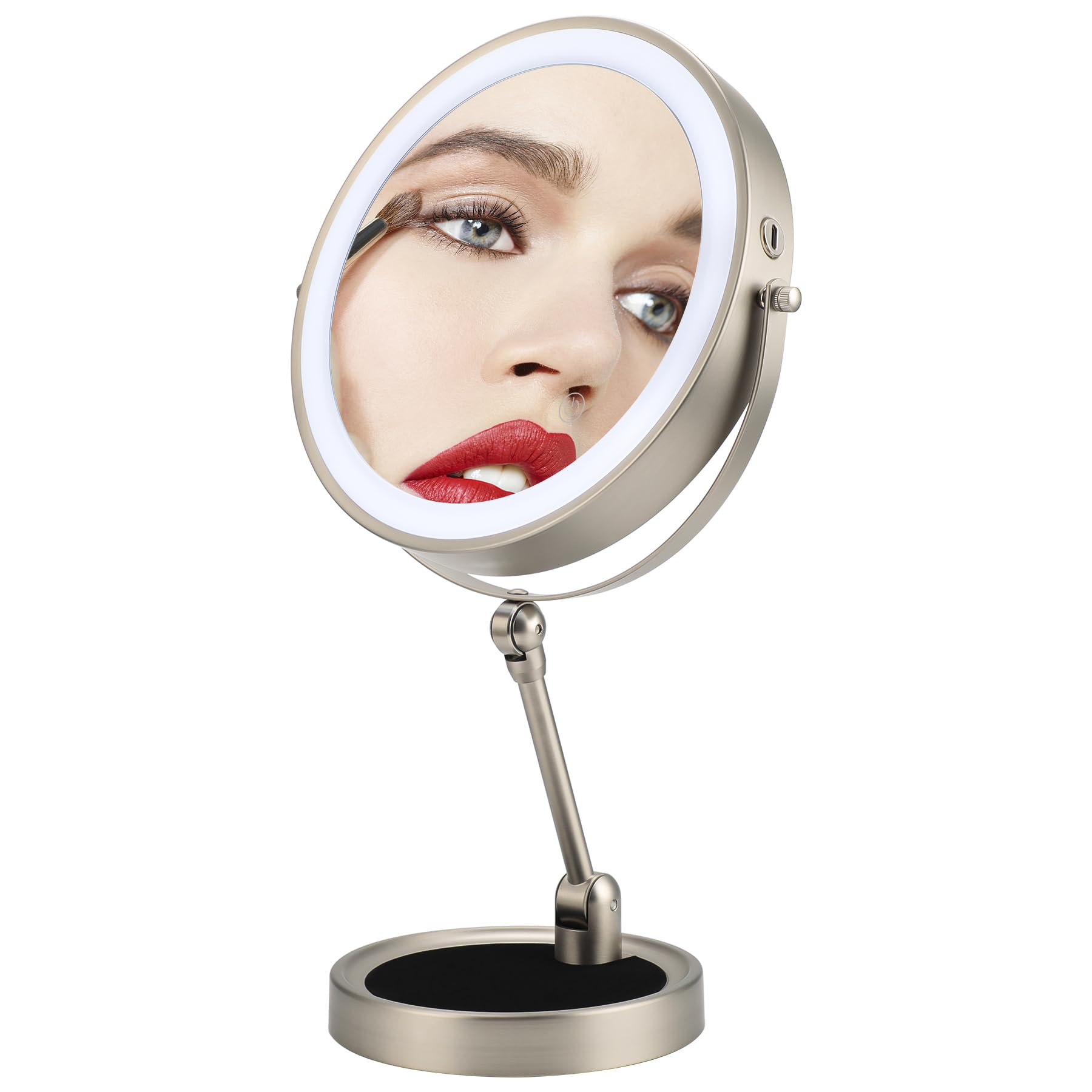 9'' Lighted Makeup Mirror,1X/10X Magnifying Vanity Mirror With Height & Brightness Adjustable,Rechargable Makeup Mirror,360Rotat