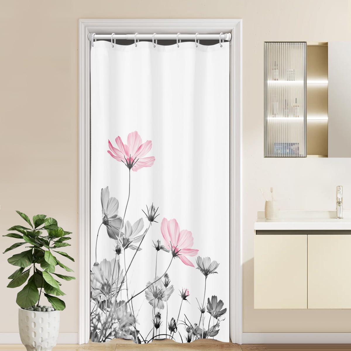 Kikiry Stall Shower Curtain Half 36''W X 72''L Pink Gray White Grey Flowers Wildflower Daisy Floral Stand Up Botanical Simple Mi
