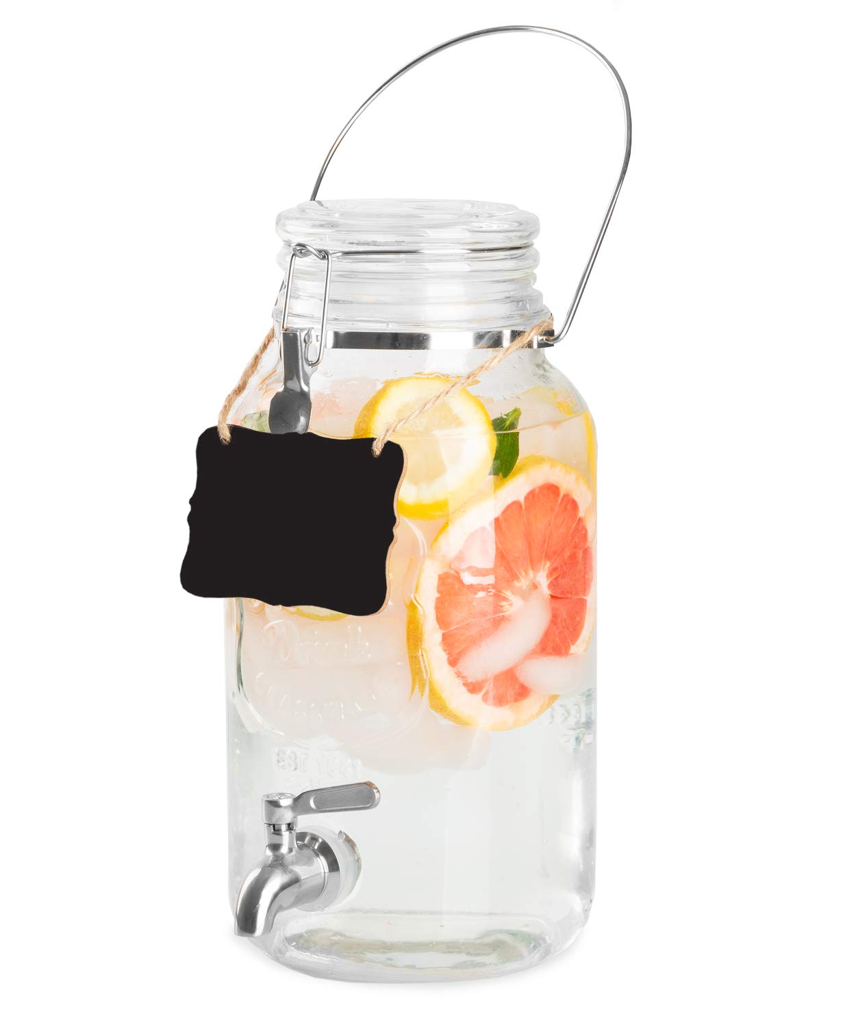 Outdoor Glass Beverage Dispenser With Stainless Steel Spigot, Handle & Hanging Chalkboard - 1 Gallon Drink Dispenser For Lemonad