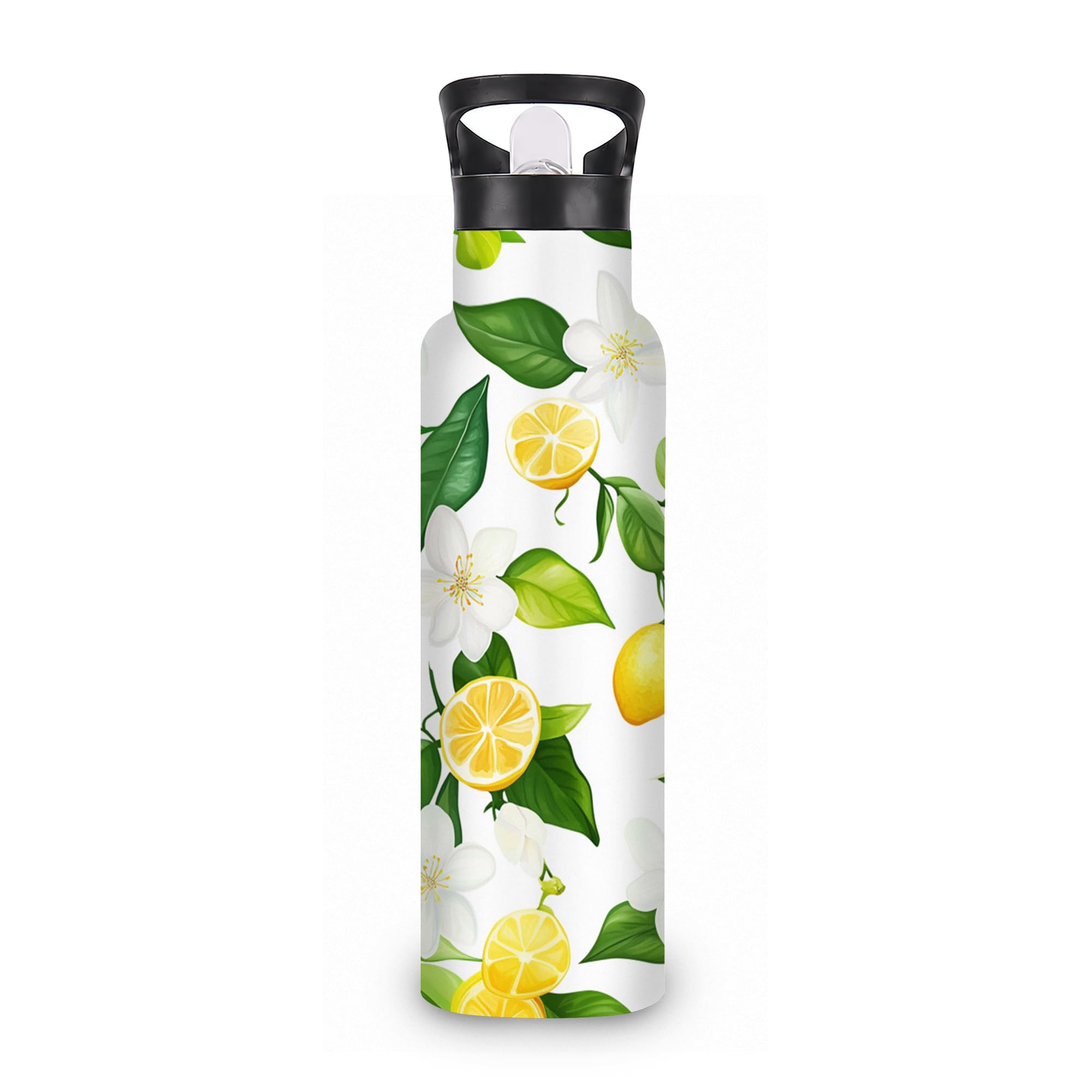 ICRICR Insulated Water Bottle,Lemon Floral 20 oz Stainless Steel Water Bottles with Straw Lid,Green Leaves Leak Resistant Double
