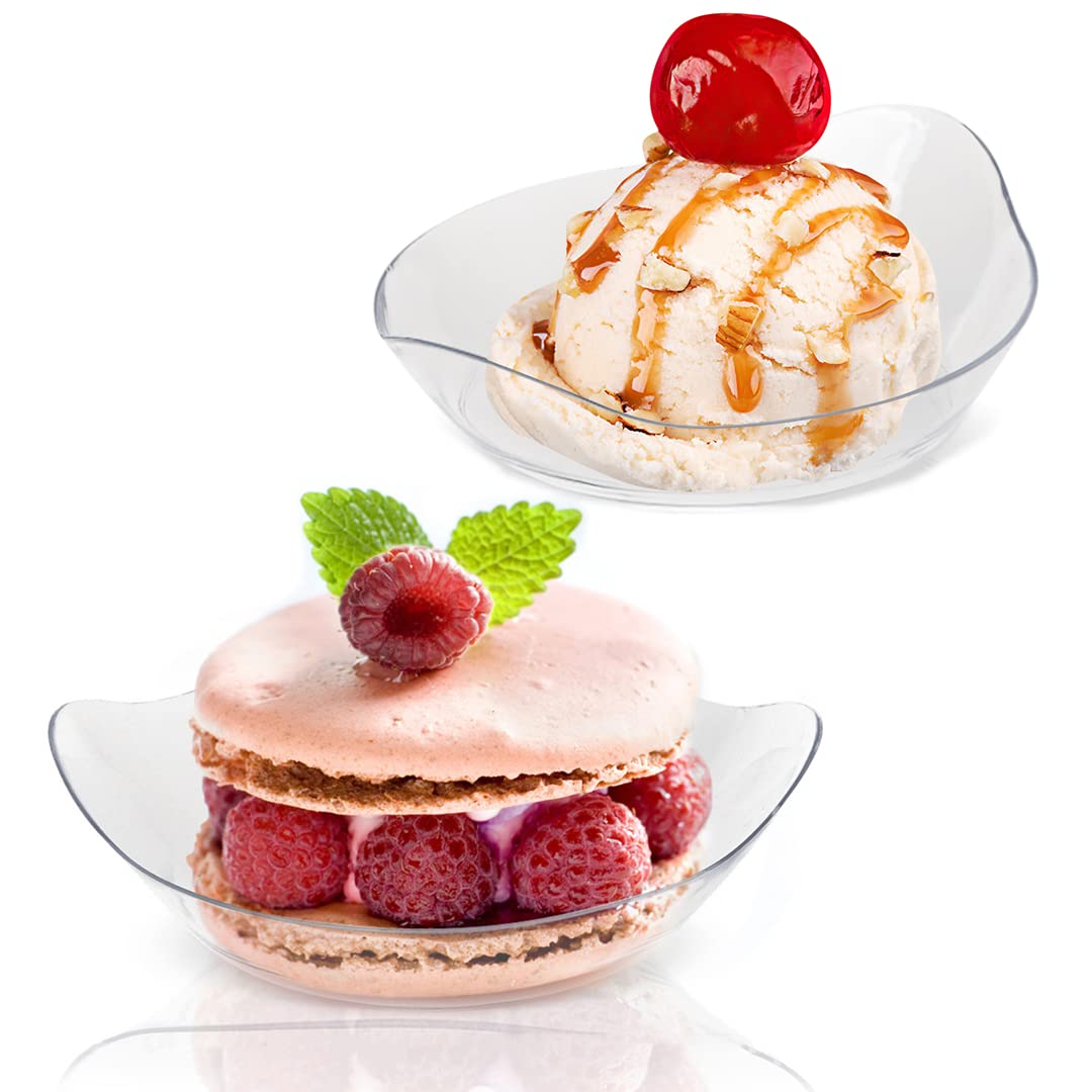 TOFLEN 100ct 1 oz Mini Dessert Plates with Tasting Spoons - Reusable Clear Plastic Party Serving Trays Mini Plates for Appetizers  Chocolates  Ice Cream  Fruit and More