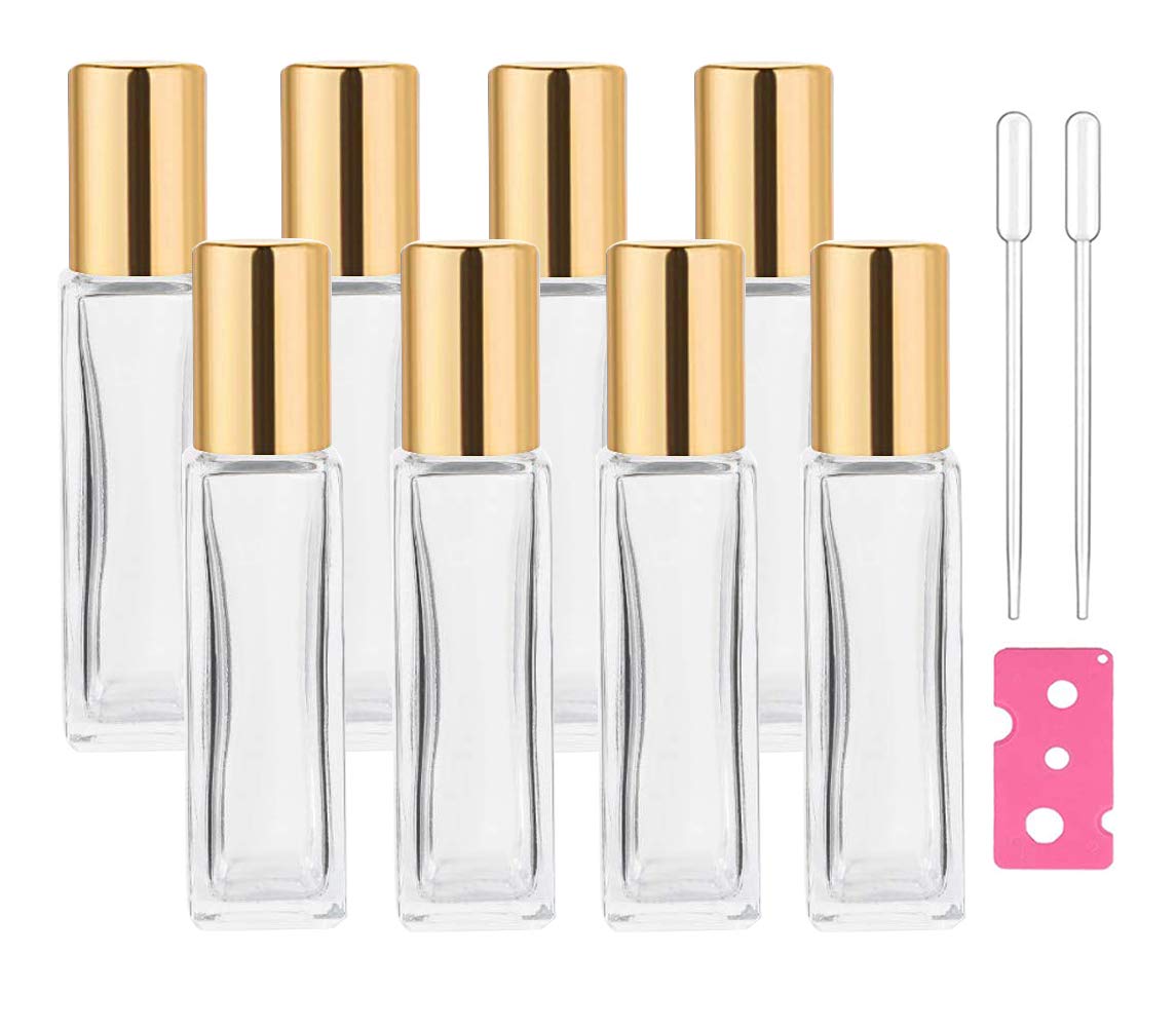Wifreo Perfume Essential Oil Bottles, Square Refillable Thick Glass Roller Bottle, 8 Pack 1/3Oz 10Ml