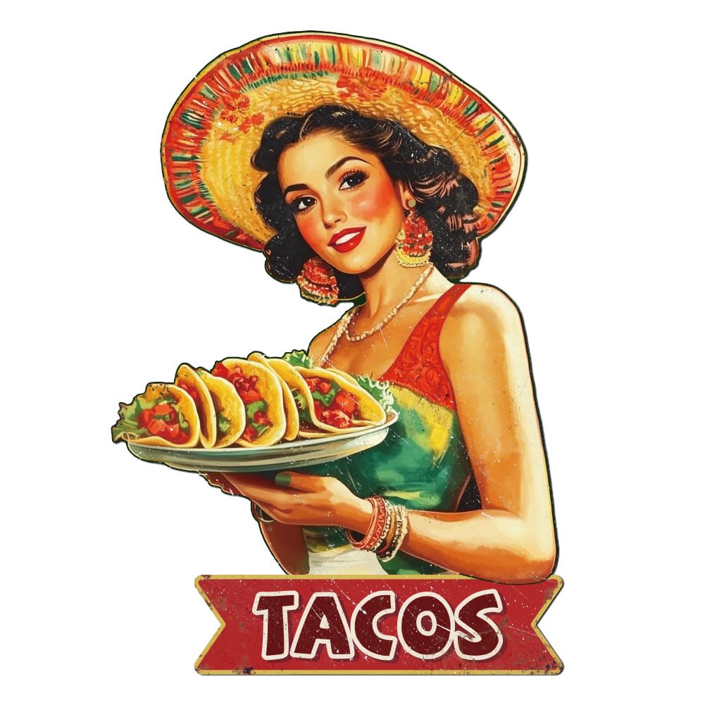 WADORN Vintage Taco Lady Metal Tin Sign, Mexican Taco Retro Tin Sign Hanging Decor for Cafes Shops Restaurants Taco Foods Metal 