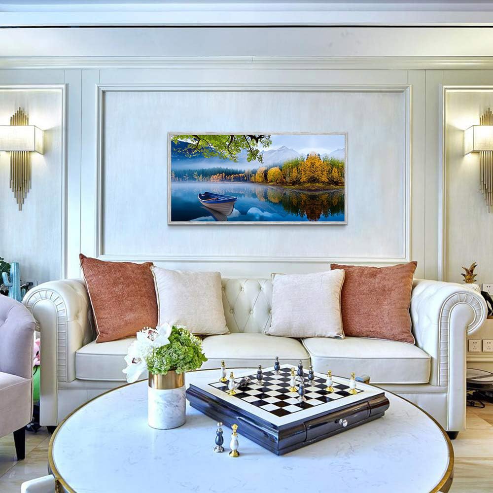 Arjun Lake Canvas Wall Art Blue Mountain Sky Nature Landscape Boat Picture Artwork Modern Scenic Painting For Living Room Bedroo