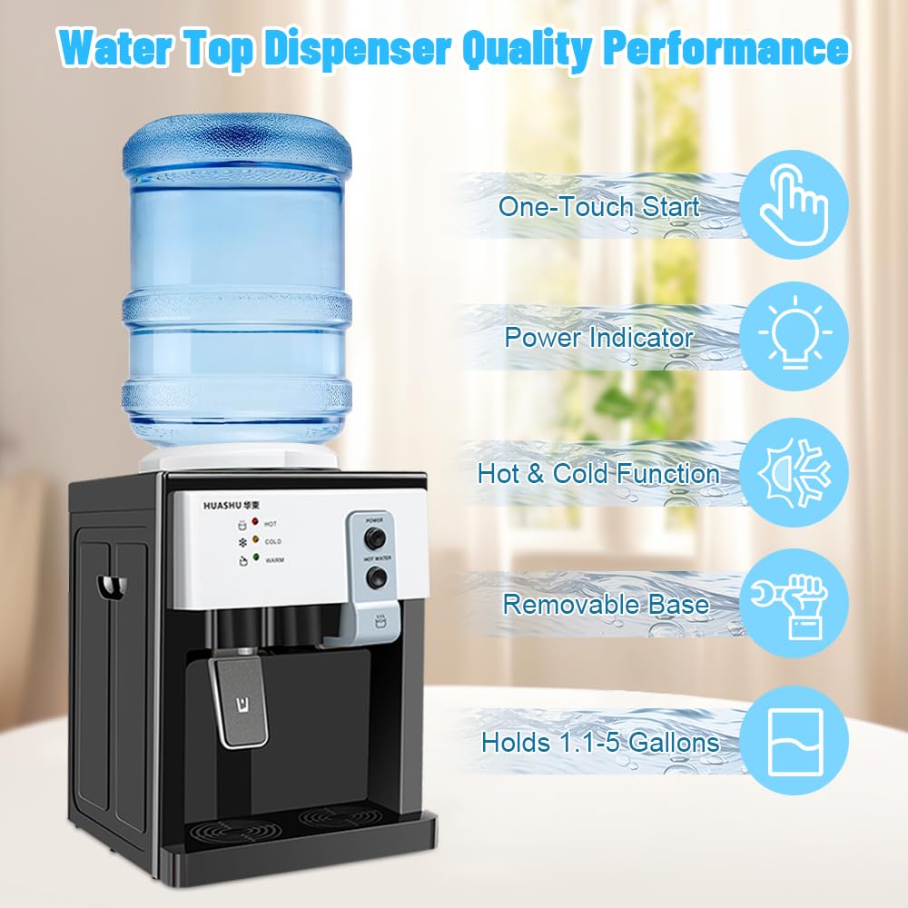 Top Loading Water Cooler Dispenser, Desktop Electric Hot And Cold Dispenser With 3 Temperature Settings, 1.1 To 5 Gallon Counter