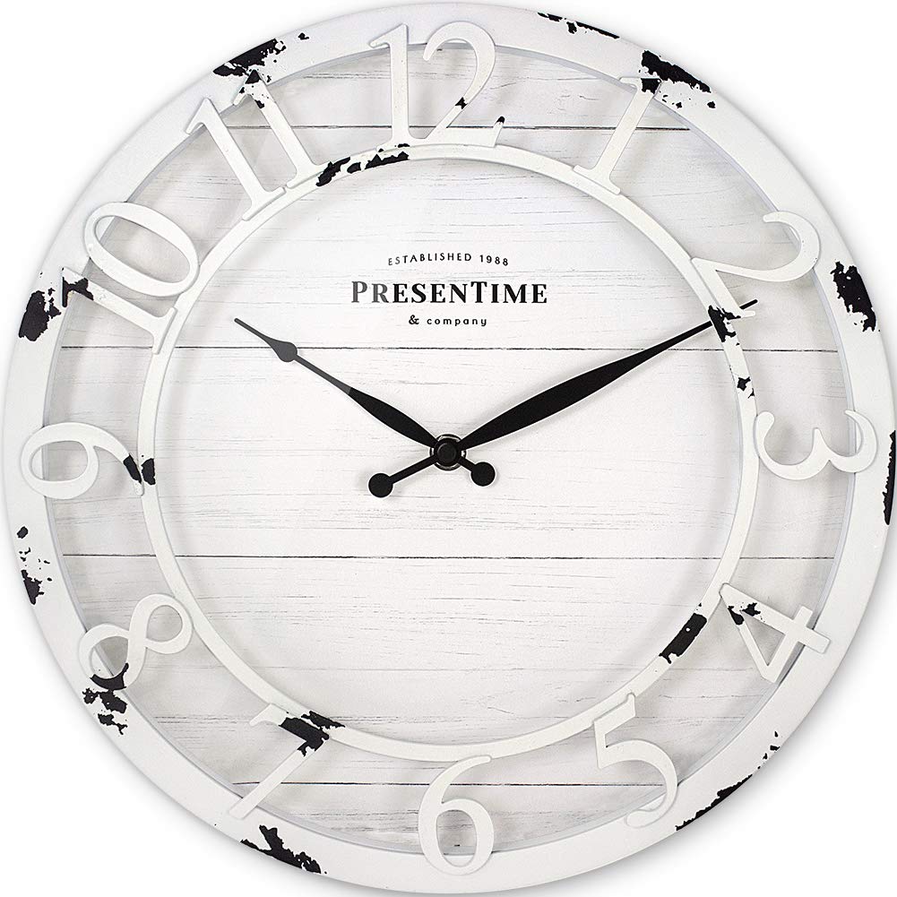 Presentime & Co 13 Farmhouse Series Wall Clock, Quartz Movement, Shiplap Style, Raised 3D Arabic Numeral, Antique Distressed Whi