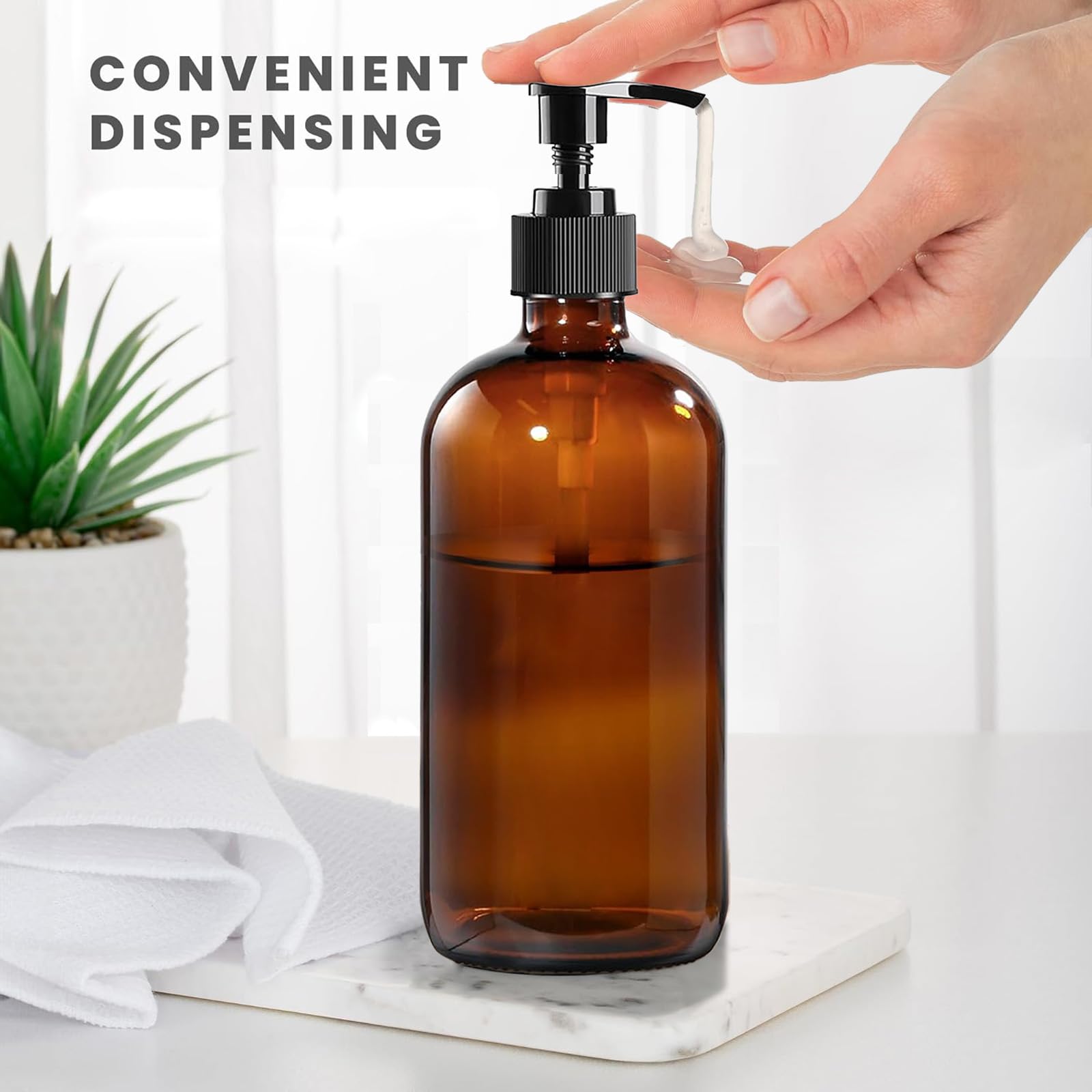 BPFY 4 Pack 16 oz Amber Glass Bottles with Pumps for Shampoo  Essential Oils  Cleaning Products  Lotions  Aromatherapy Oil  Pump Bottles  Refillable Containers with Cap  8 Chalk Labels  1 Pen