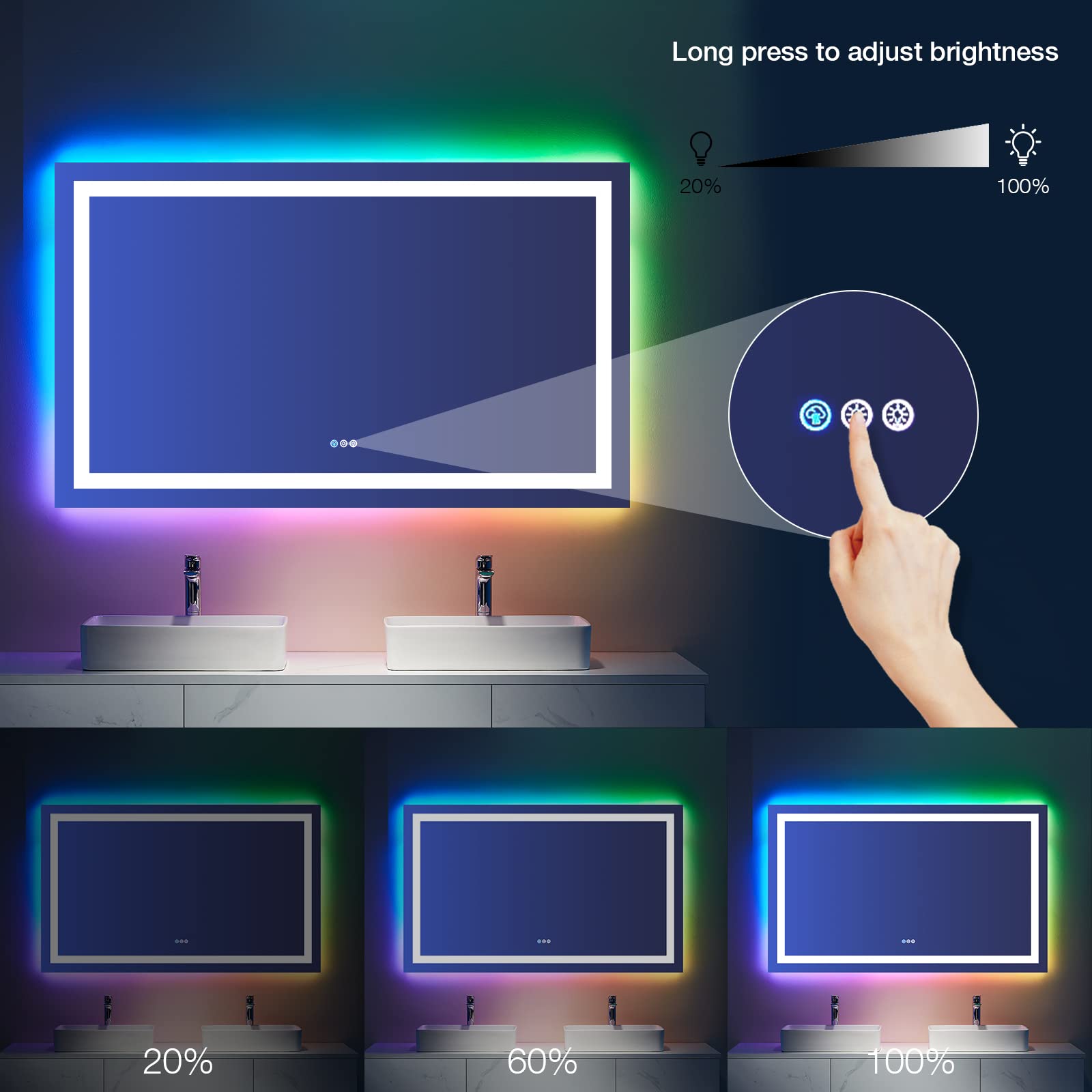 LOAAO 30''X36'' LED Bathroom Mirror with Lights  Anti-Fog  Dimmable  RGB Backlit + Front Lighted  Bathroom Vanity Mirror for Wall  Memory Function  Waterproof  Tempered Glass
