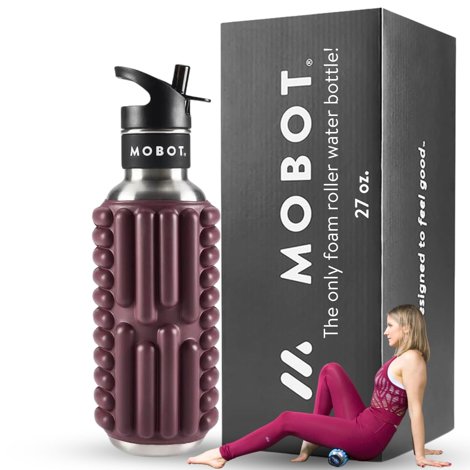 MOBOT Portable Travel Foam Roller Water Bottle with Sip Straw, Stainless Steel Screw Lid | Insulated Sports Water Bottle and Foa