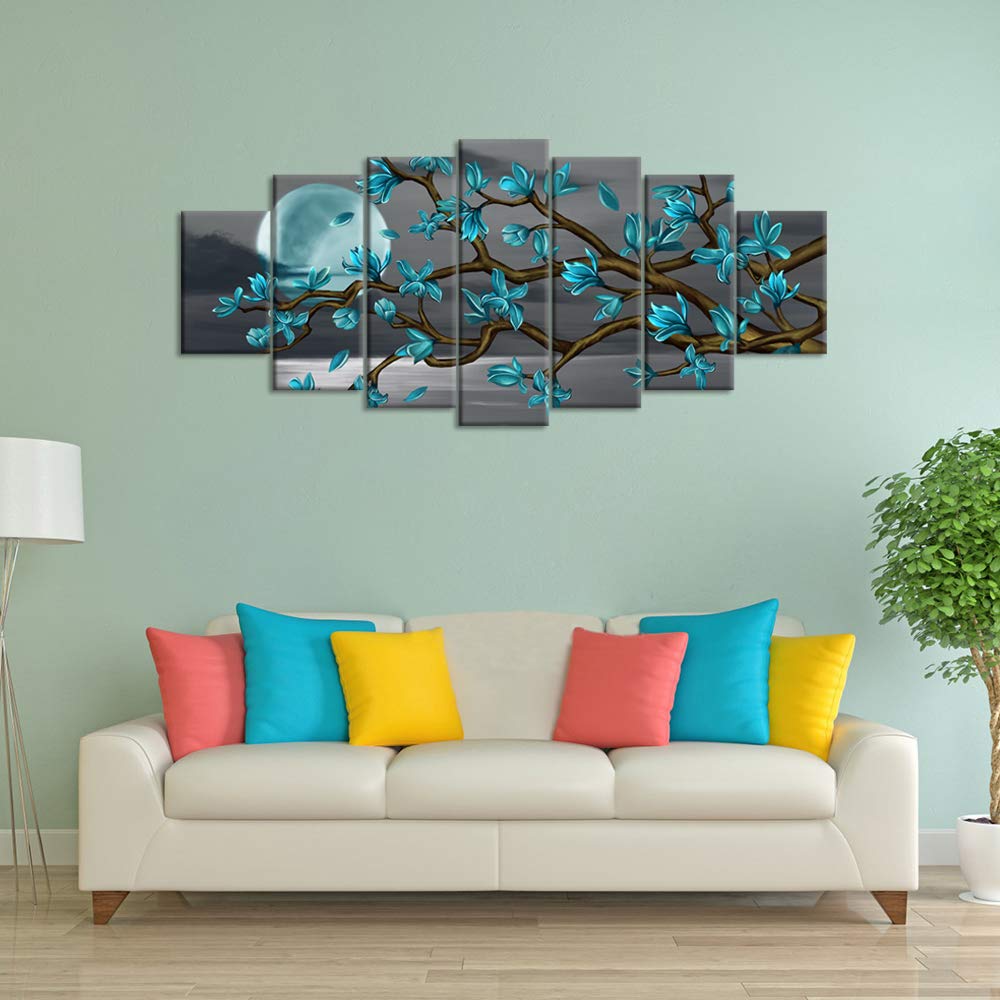 Visual Art Decor Xlarge 7 Piece Teal Full Moon Lanscape Wall Art Teal Tree Painting Canvas Art Prints Framed Ready To Hang, 70X3