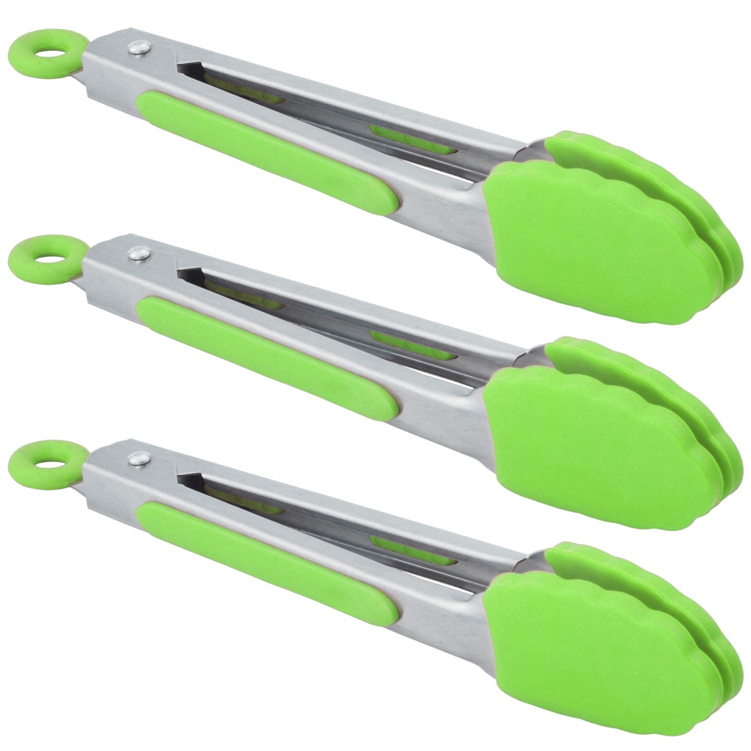 Hinmay Mini Tongs With Silicone Tips 7 Inch Small Cooking Tongs, Set Of 3 (Green)