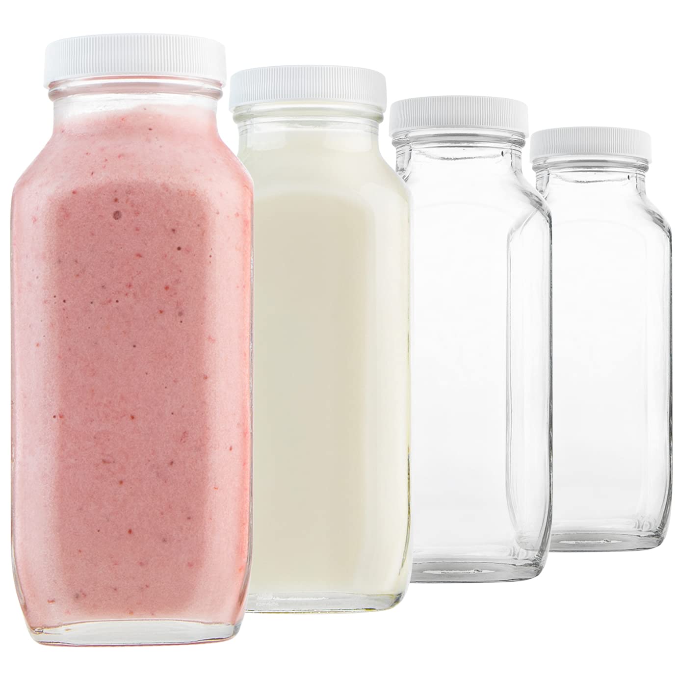 kitchentoolz 16oz Glass Milk Bottles with Lids - 16 oz Reusable Glass Bottles for Milk, Creamer, Juice, Smoothies, Kefir & Yogur
