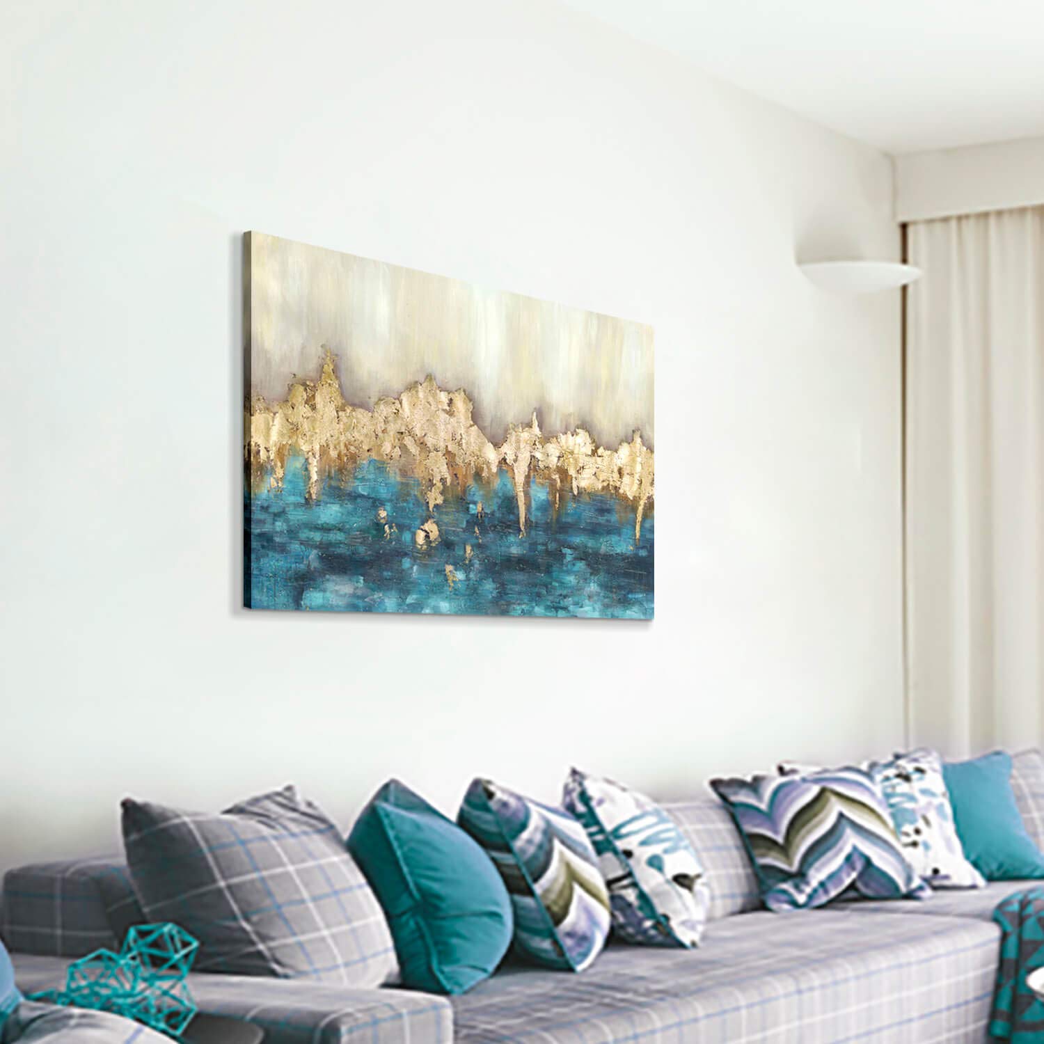 Hand Painted Canvas Wall Art: Large Dark Blue Gold Abstract Artwork Textured Painting For Living Room (45    X 30'' X 1 Panel)