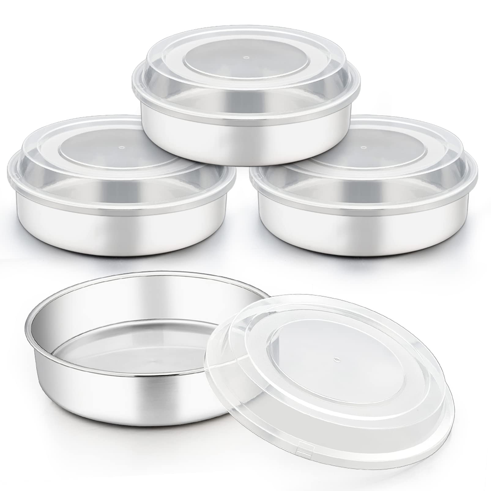Teamfar 8 Inch Cake Pan With Lid (4 Pans + 4 Lids), Stainless Steel Round Tiers Cake Baking Pans With Lids, Non-Toxic & Sturdy,
