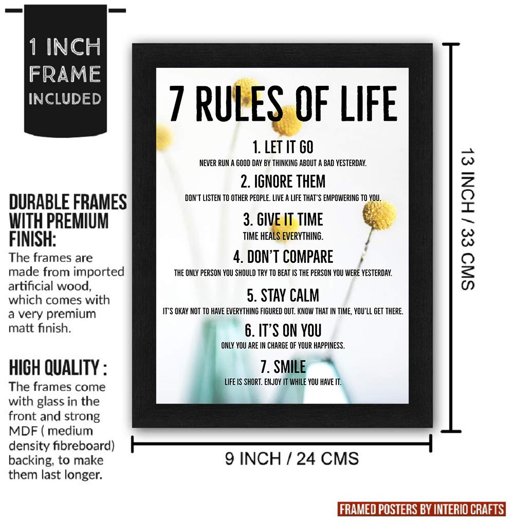 Interio Crafts 7 Rule Motivational Framed Poster Quote Wall Poster For Living Room Bedroom Office Wall Decoration (White,13X10 I