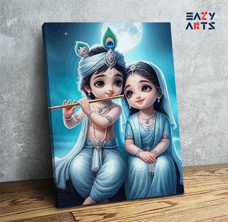 Eazy Arts Diy Heavenly Harmony: Baby Krishna And Radha Under The Moon Paint By Numbers Kit Multicolor With Frame 36 Colors|40 X