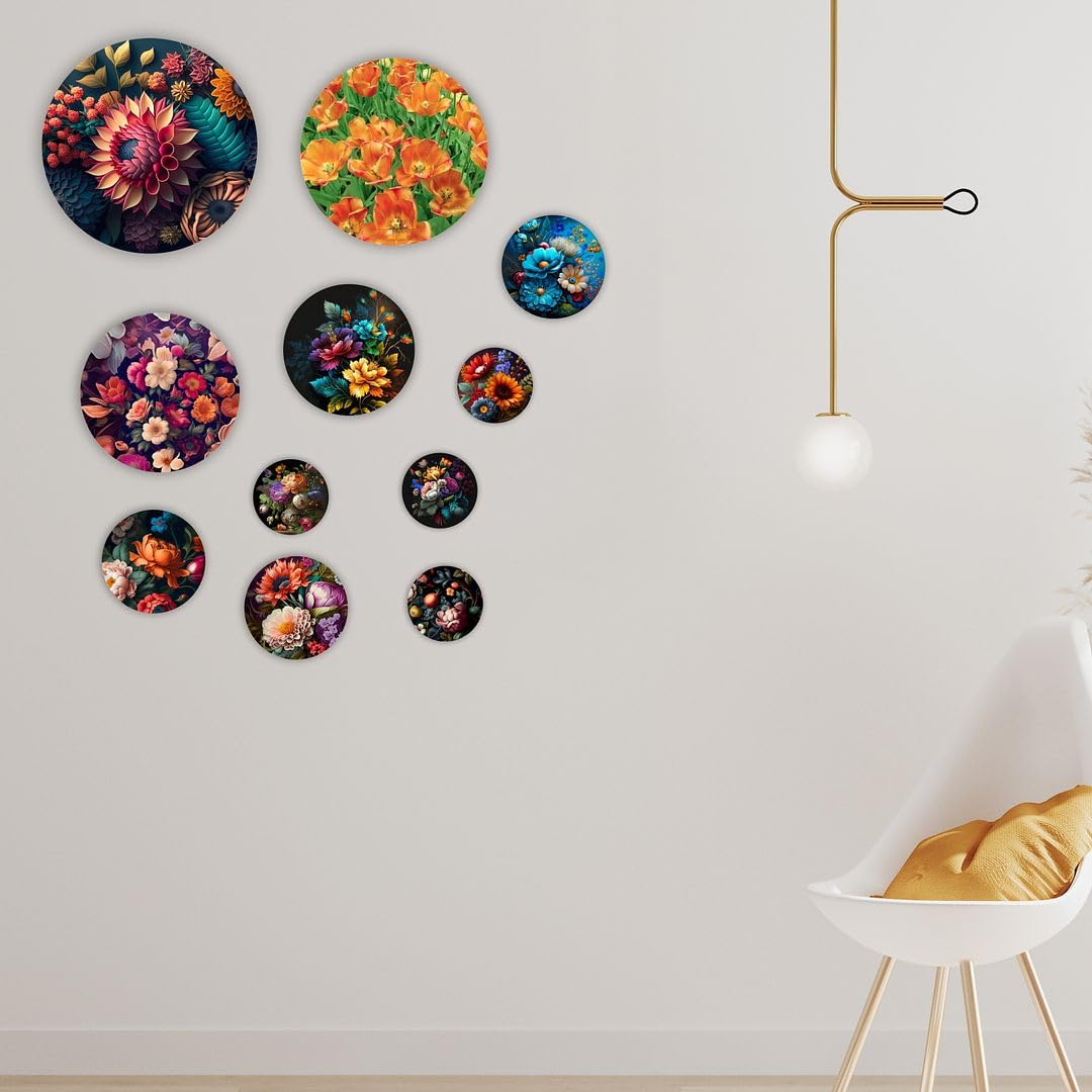 Cvanu Set Of 11 Floral Design Printed On Round Shaped Wall Art Hanging Self-Adhesive Double Sided Tape For Wall Decoration_C118