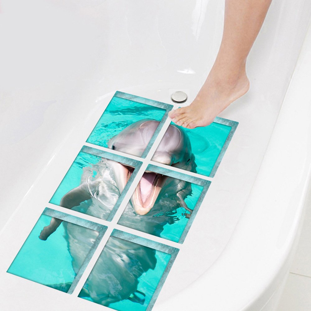 ChezMax Bath Treads Stickers Dolphin Pattern Square 3D Adhesive Anti Slip Tub Tattoos Safety Decals Mat Waterproof Shower Tub Sticker Bathtub Appliques for Bath Pools Home Decor 6 Pcs 5.9'' X 5.9''