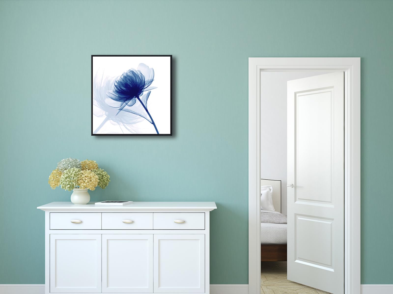 Pyradecor Large Black Framed Blue Flickering Flower Modern Paintings Canvas Wall Art Grace Floral Pictures On Canvas Prints One