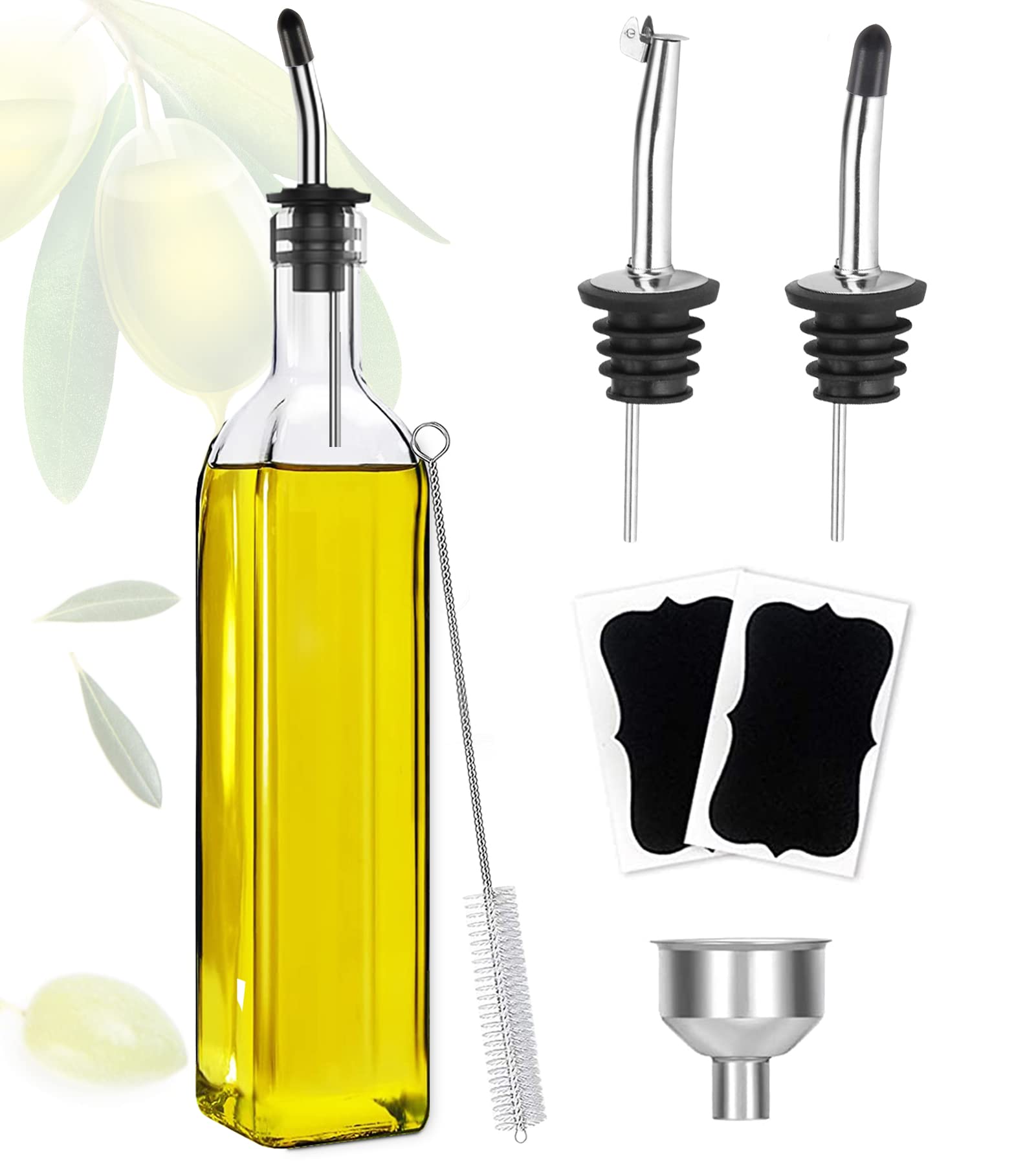 Showvigor Olive Oil Dispenser Bottle, Oil and Vinegar Cruet Bottle 17oz/500 ml, Square Tall Glass Oil Container with 2 Stainless