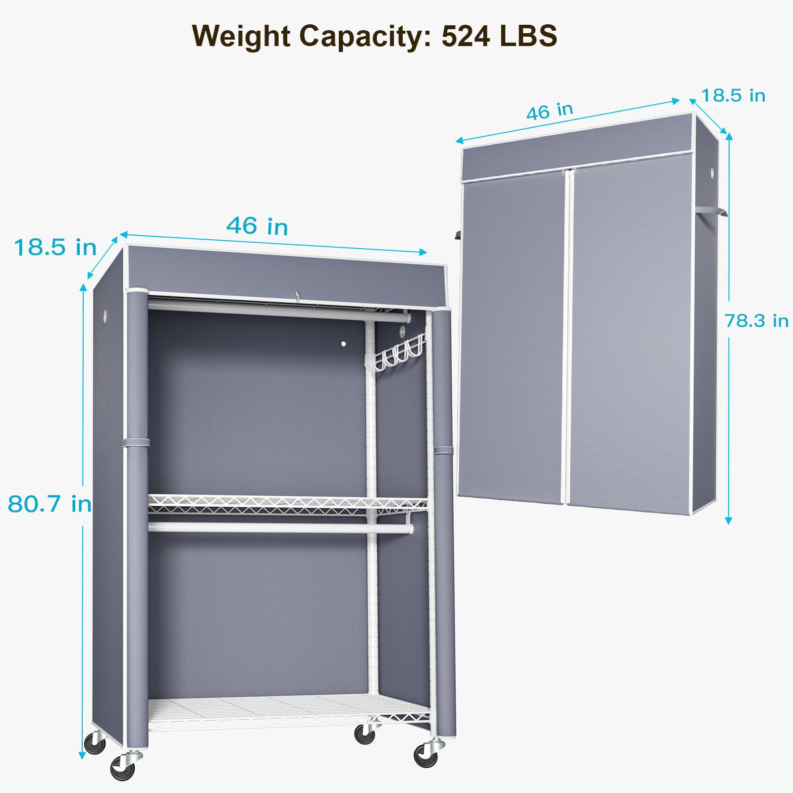 Futassi White Clothing Rack With Grey Cover, P1C Plus Rolling Closet Rack With Wheels, Metal Garment Rack For Hanging Clothes, C