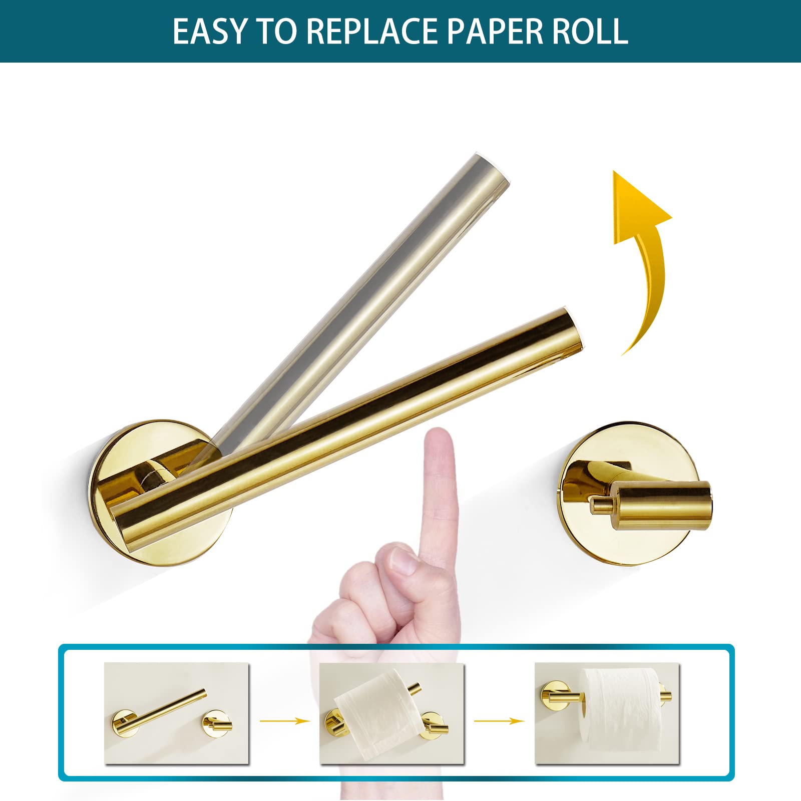 Pokim Gold Toilet Paper Holder - Metal Bathroom Flexible Pivoting Tissue Handle On Wall Mounted, Sus 304 Stainless Steel Adjusta