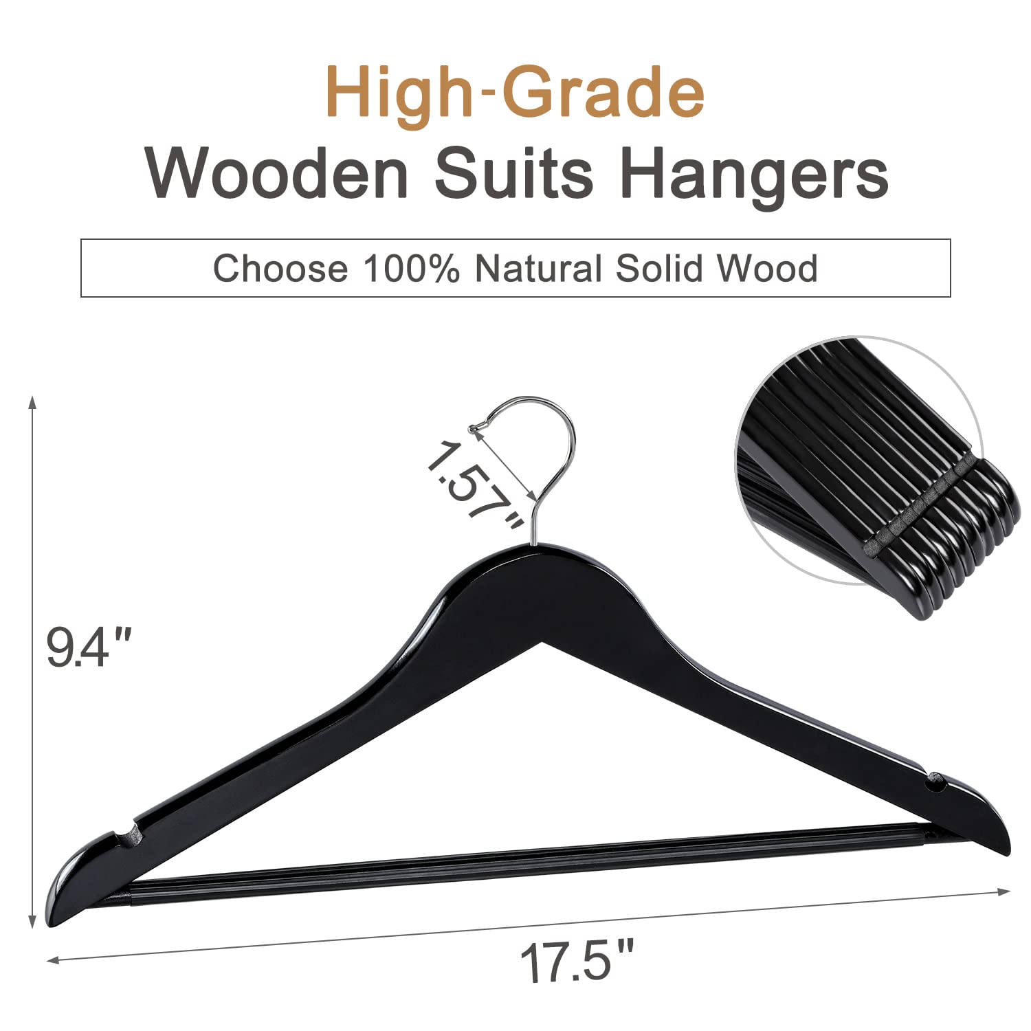 Topia Hanger Wooden Coat Hangers 30 Pack, Black Wood Suit Hangers With Non Slip Pants Bar, 360 Swivel Hook And Shoulder Notches