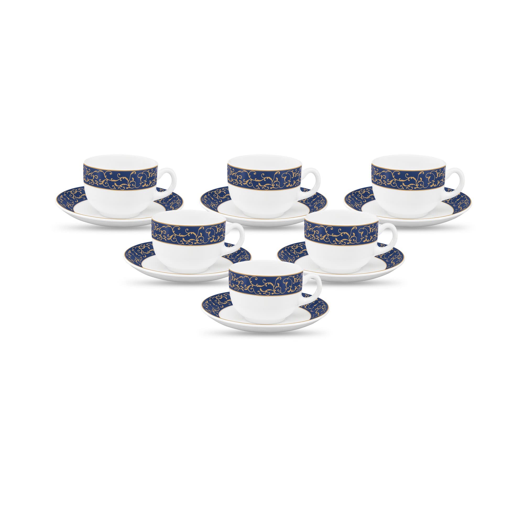 La Opala Diva, Sovrana Collection Opal Glass Crockery | Cup & Saucer, Set Of 12 | Anassa Blue, 160 Ml | For Tea & Coffee | Micro