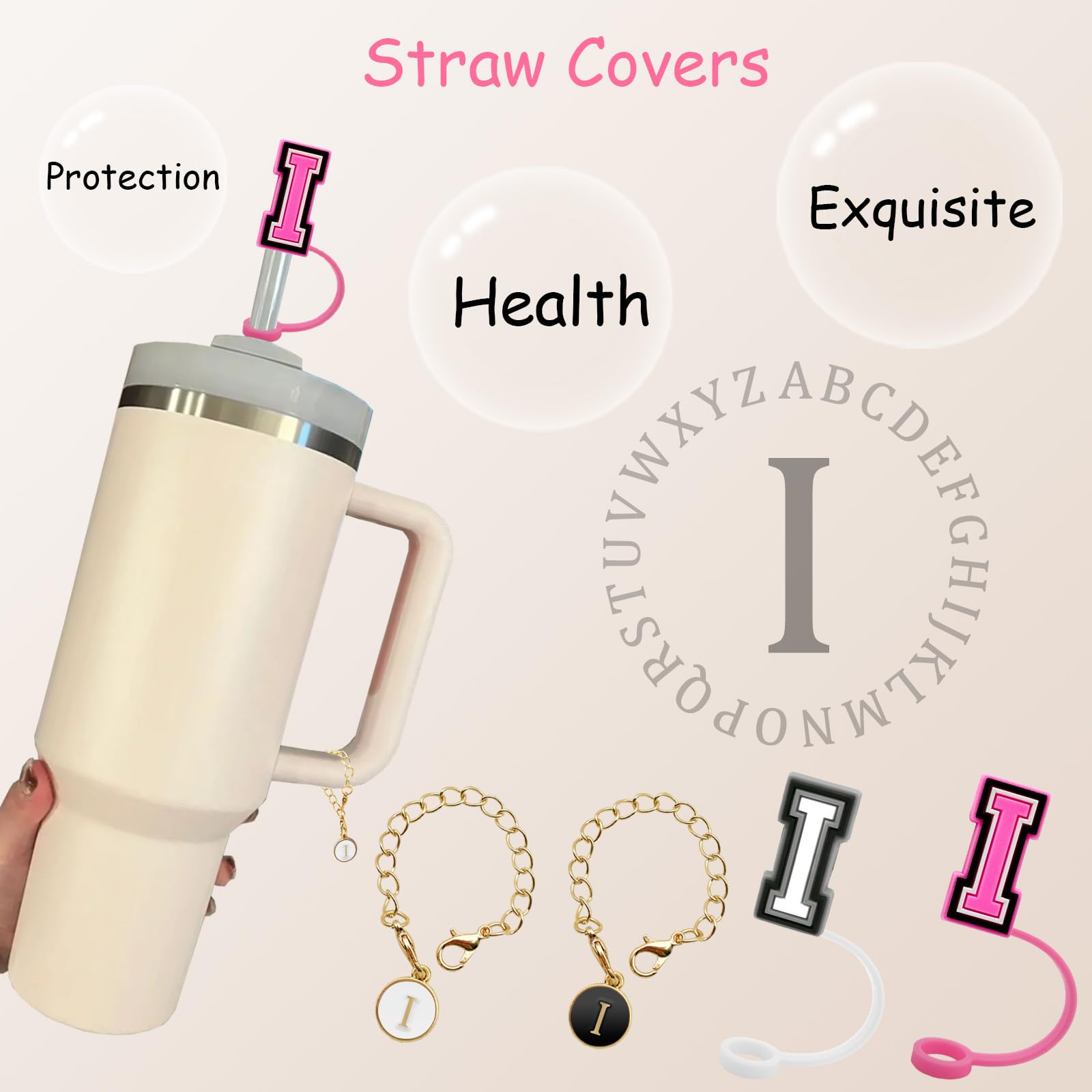 (2+2)2Pcs Straw Cover For Stanley Cup 30&40 Oz 10Mm Straw Topper With 2Pcs Stanley Cup Accessories Letter Charms Name Id Initial
