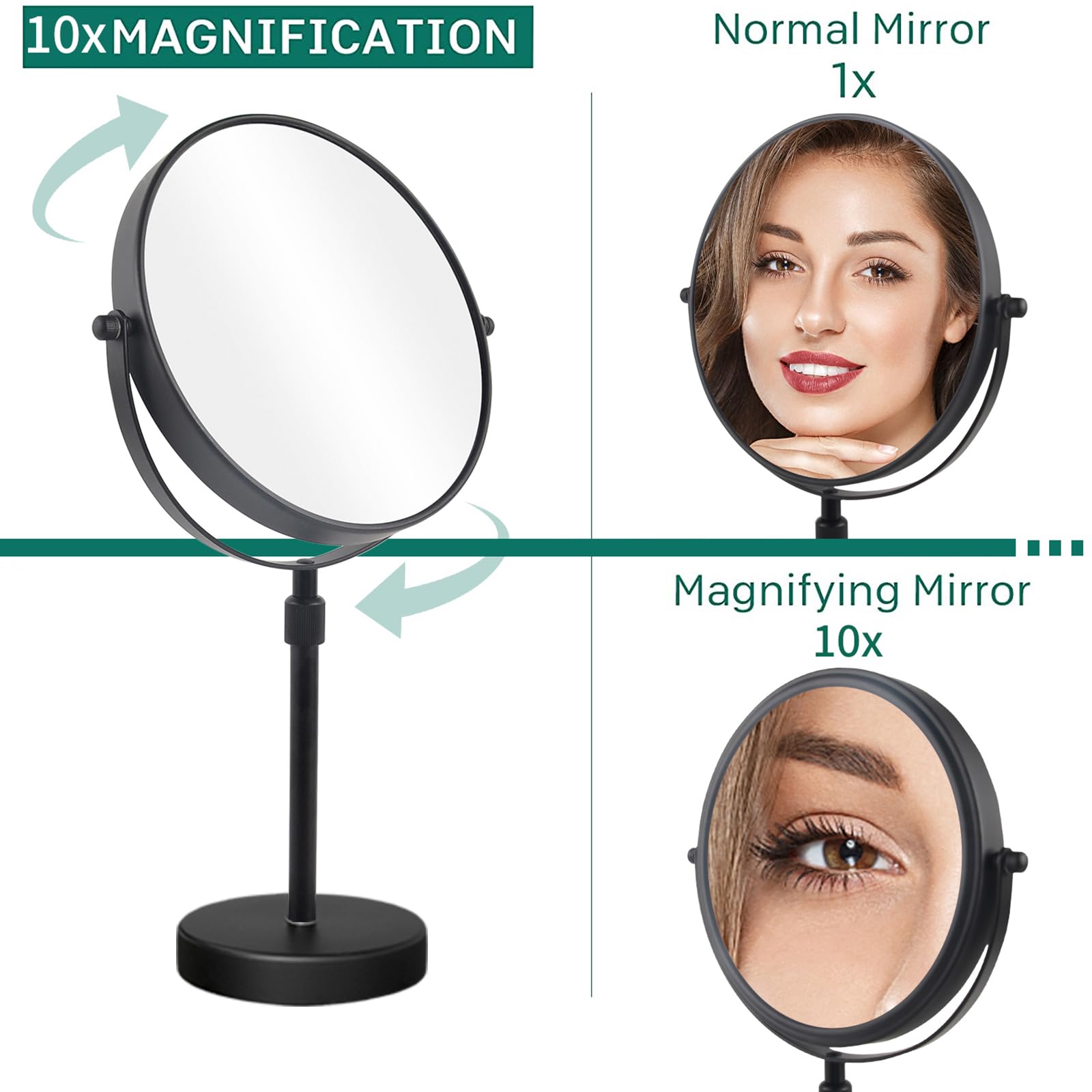 Nicesail 21 Inch Tall Makeup Mirror With 10X Magnification, 8 Inch Magnifying Mirror Tabletop With Pedestal, Height Adjustable B