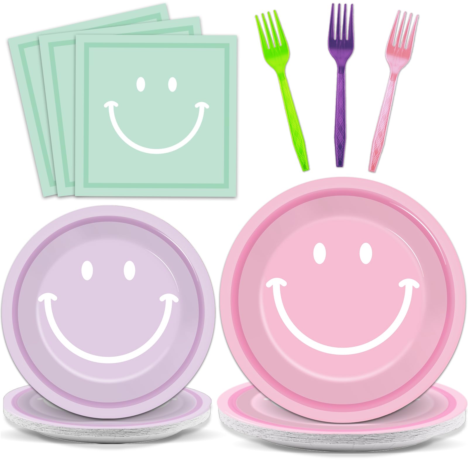 96 Pcs Smile Face Party Supplies Paper Plates Napkins Preppy Smile Themed Party Birthday Dinner Dessert Decorations Favors For K