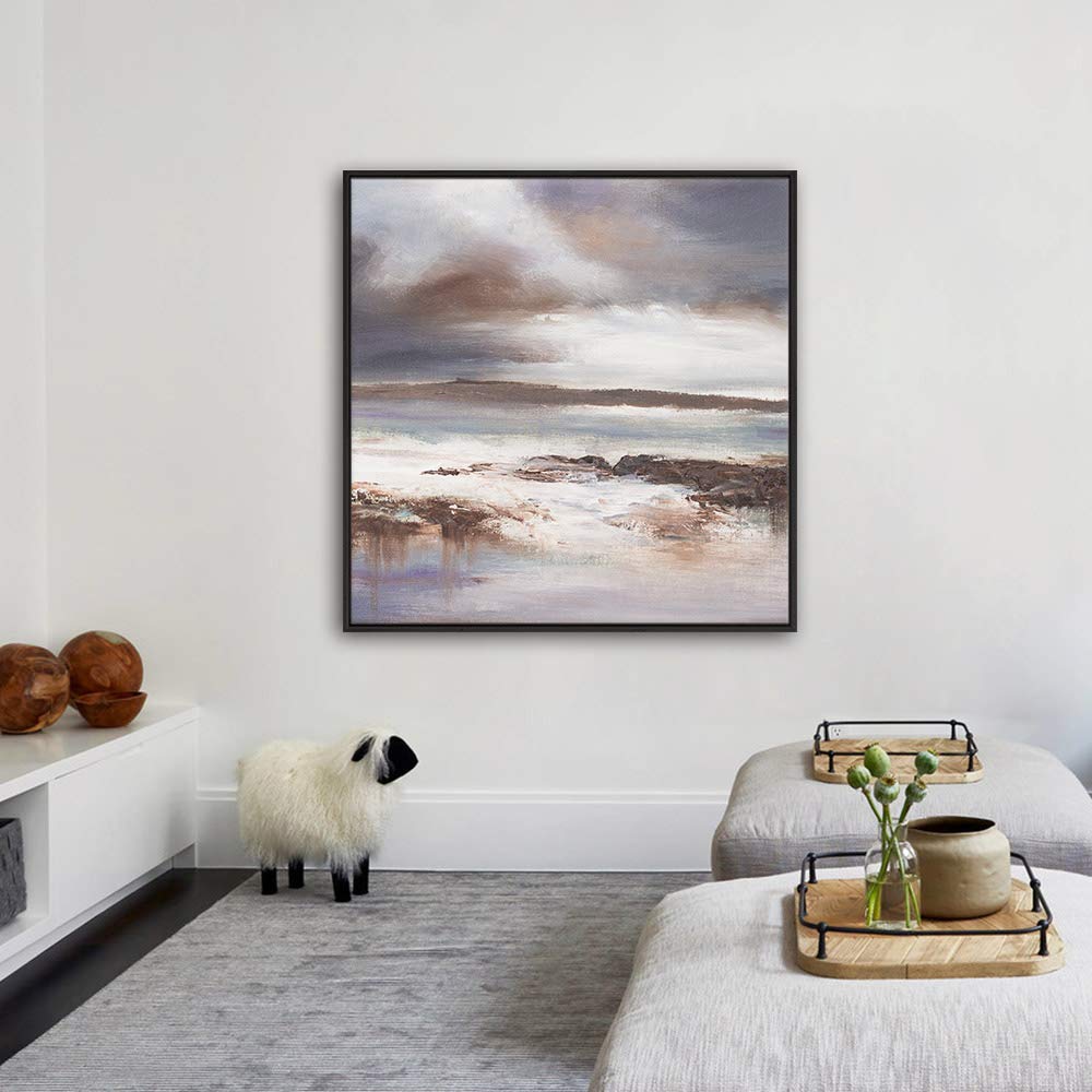 SIGNWIN Framed Canvas Print Wall Art Gray  Brown & White Color Field Geometric Shapes Illustrations Modern Art Dramatic Cool for Living Room  Bedroom  Office - 24''x24'' Black