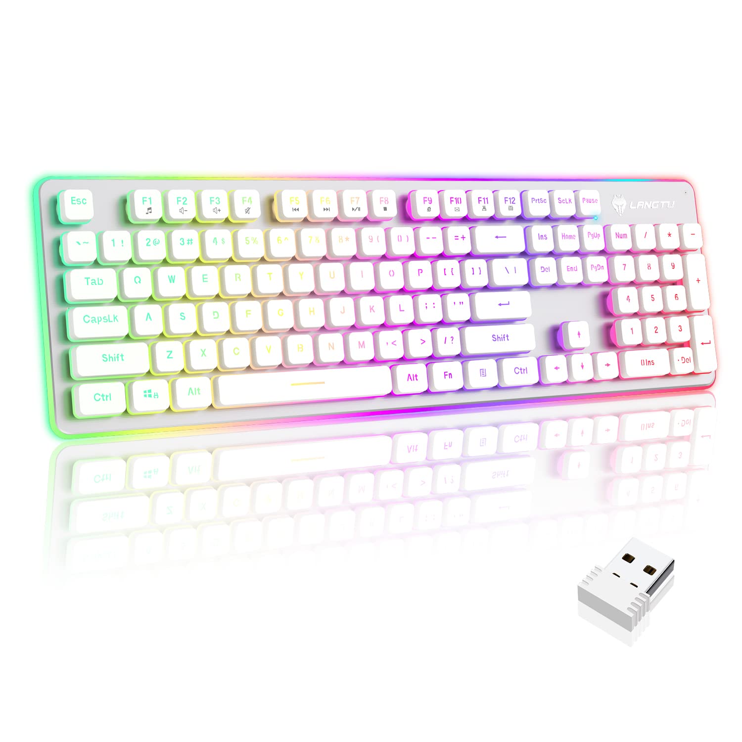 Langtu W1 Wireless Gaming Keyboard, Rechargeable 24G Rainbow Backlit Led Keyboard With Metal Panel, 104 Keys Wireless Computer K