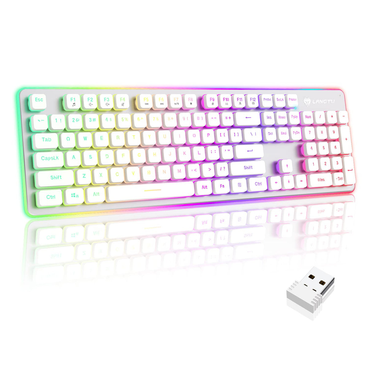 Langtu W1 Wireless Gaming Keyboard, Rechargeable 24G Rainbow Backlit Led Keyboard With Metal Panel, 104 Keys Wireless Computer K
