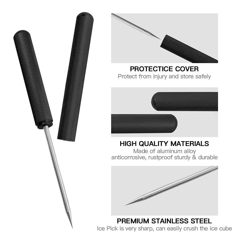 Rddconkit 9'' Ice Picks Aluminum Alloy Handle Ice Tool With Safety Cover for Kitchen  Bars  Bartender Picnics  Camping  And Restaurant (Black)