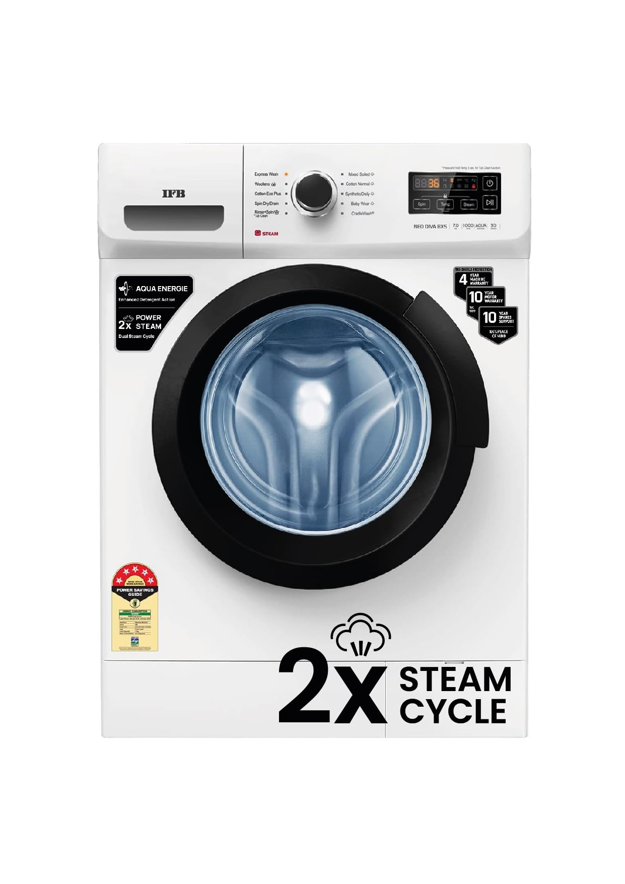 Ifb 7 Kg 5 Star Fully Automatic Front Load Washing Machine 2X Power Steam (Neo Diva Bxs 7010, White & Black, InBuilt Heater, 4 