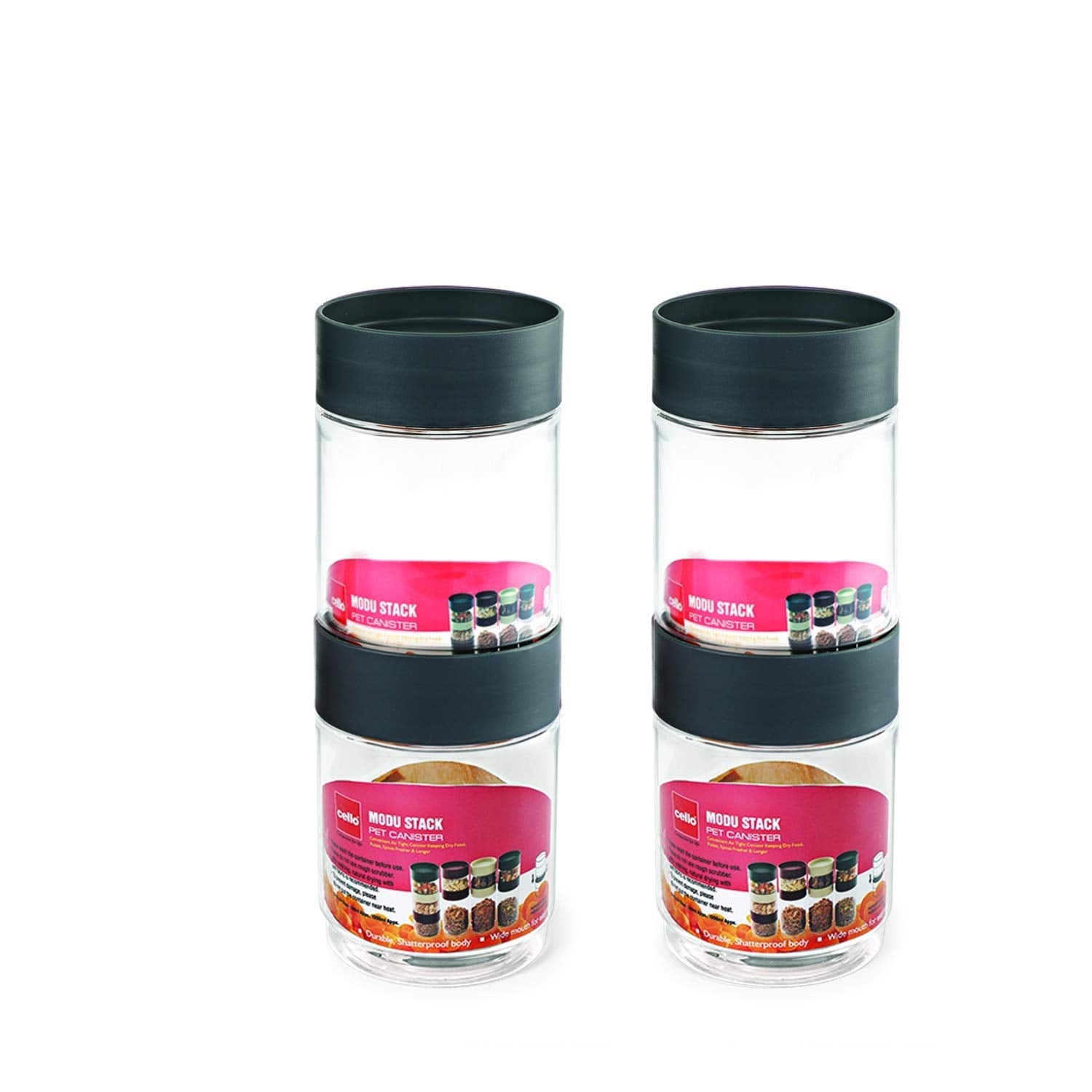 CELLO Modustack Stackable Container Set | PET Plastic Jar with Air Tight Lid | For Storage of Food, Pulses, Spice, Cereals, Cook