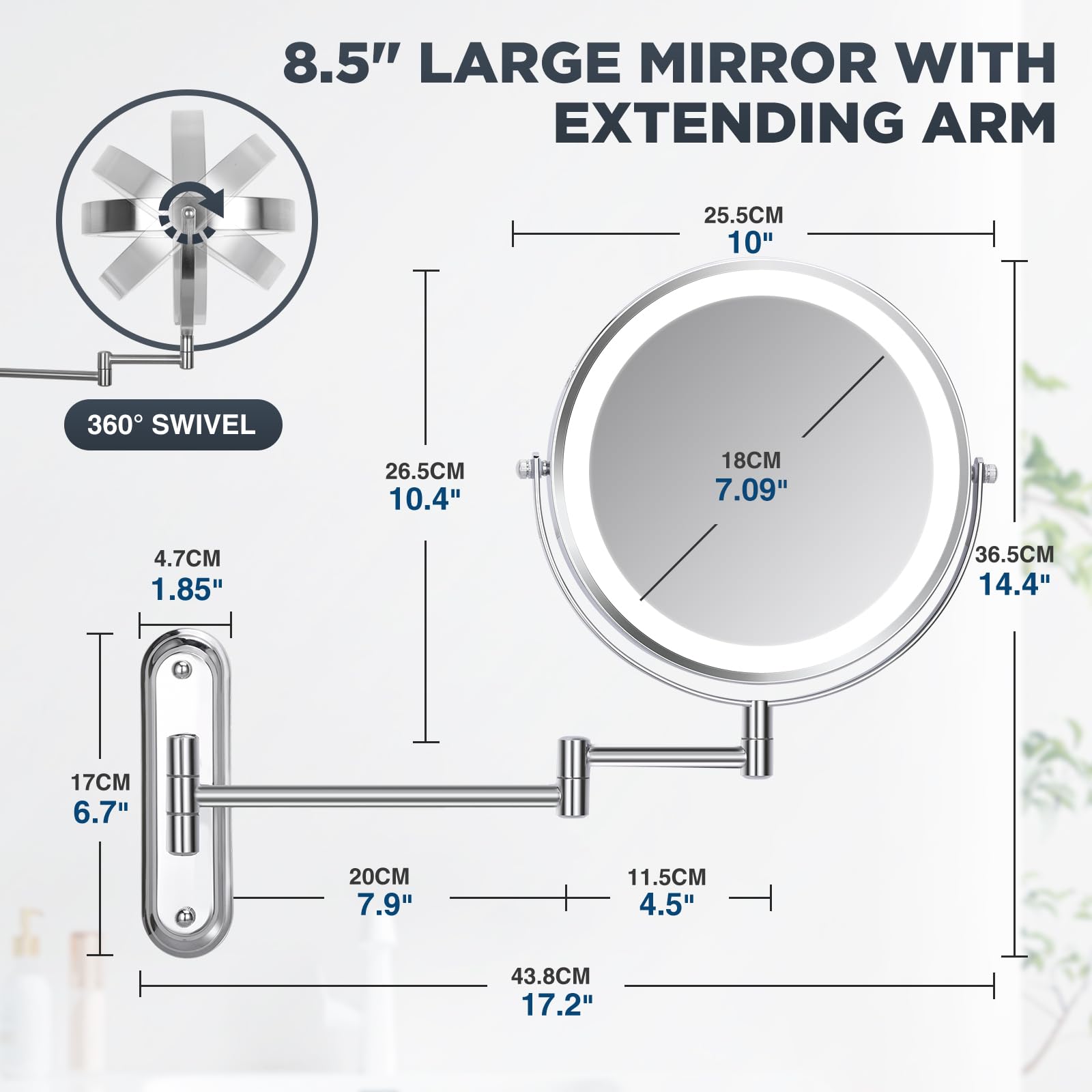 Wall Makeup Mirror With Lights - 1X/15X Led Extended Arm Magnigying Mirror, 3 Color Lights & 360Swivel Vanity Mirror, 8In Bathro