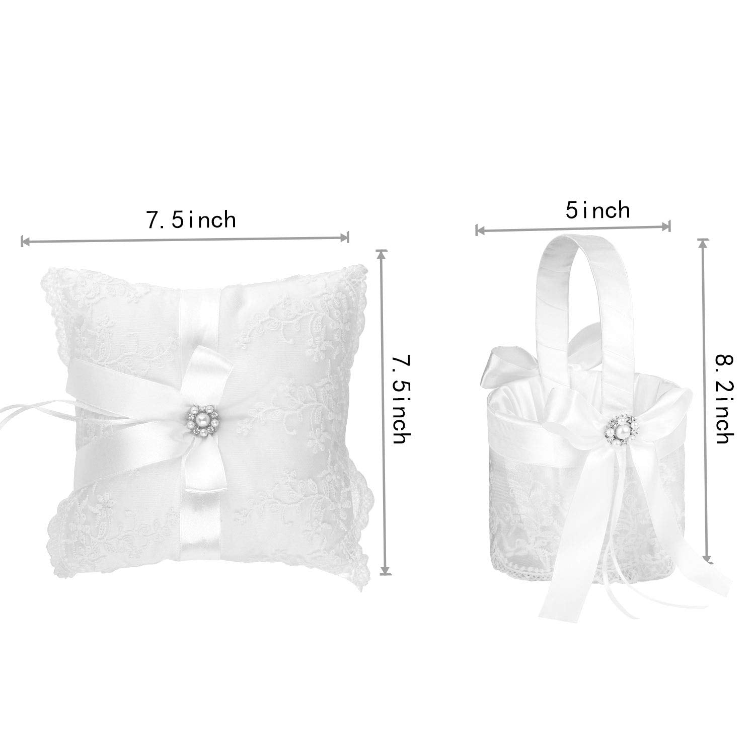 True Love Gift Ring Bearer Pillow And Wedding Flower Girl Basket Set Pearl Rhinestones White Satin Lace Collection