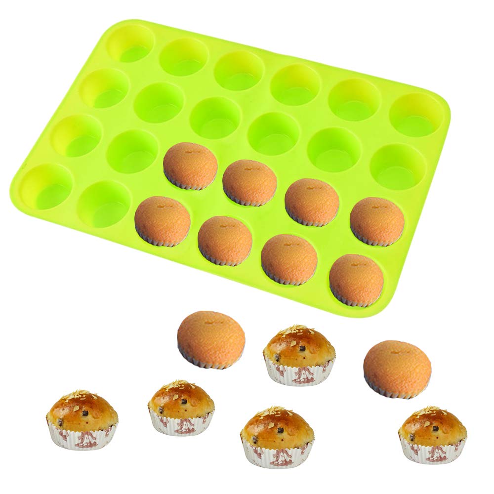 Qtopun Silicone Mini Muffin Pan, 4 Pack 24 Cups Silicone Mold Cups Baking Pan, Silicone Muffin Tins Baking Moulds-Green