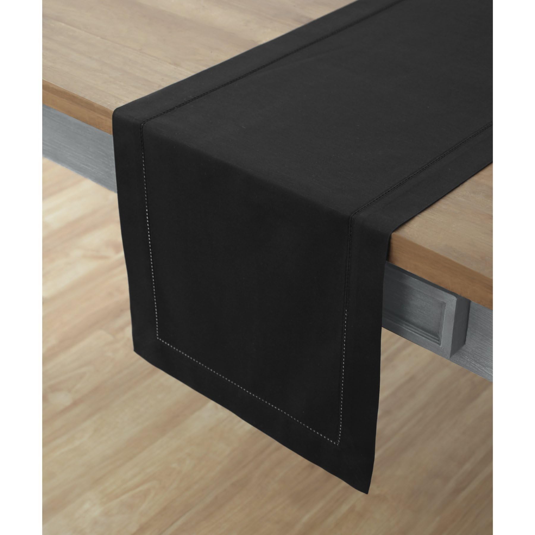 Solino Home Black Hemstitch Table Runner 60 Inches - Cotton Linen Small Table Runner 14 x 60 Inch Ideal for Dresser and Coffee T