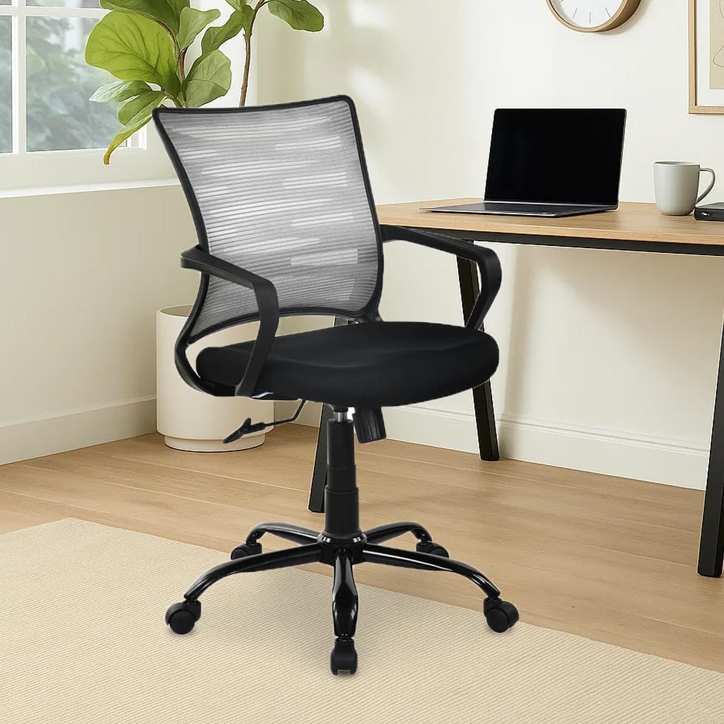 Nilkamal Giza Plus Mid Back Mesh Office Chair|Adjustable Height, Metal Base|Ergonomic Design|Chair For Home, Desk, Study|Grey & 