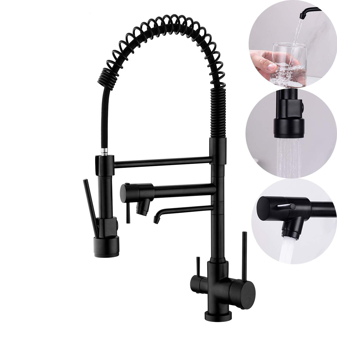 Delle Rosa Kitchen Faucet, 3 Way Drinking Water Faucet, Modern Kitchen Faucet With Pull Down Sprayer, Dual Handles Kitchen Sink