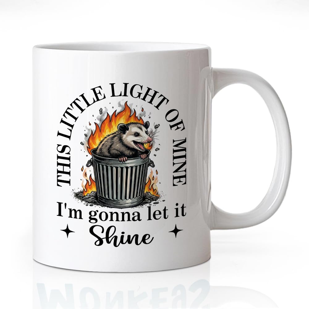 WHTYEFZ This Little Light Of Mine Mug, Funny Possum Trash Fire 11 Oz Ceramic Coffee Cup, Sarcastic Animal Lover Gifts for Women 
