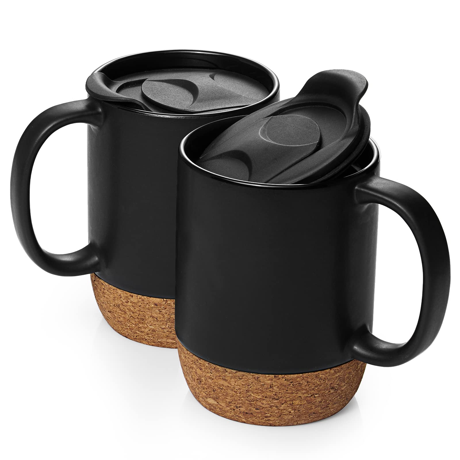 DOWAN Coffee Mugs Set of 2, 15 OZ Coffee Mug with Cork Bottom and Splash Proof Lid, Ceramic Mug with Large Handle for Men, Women
