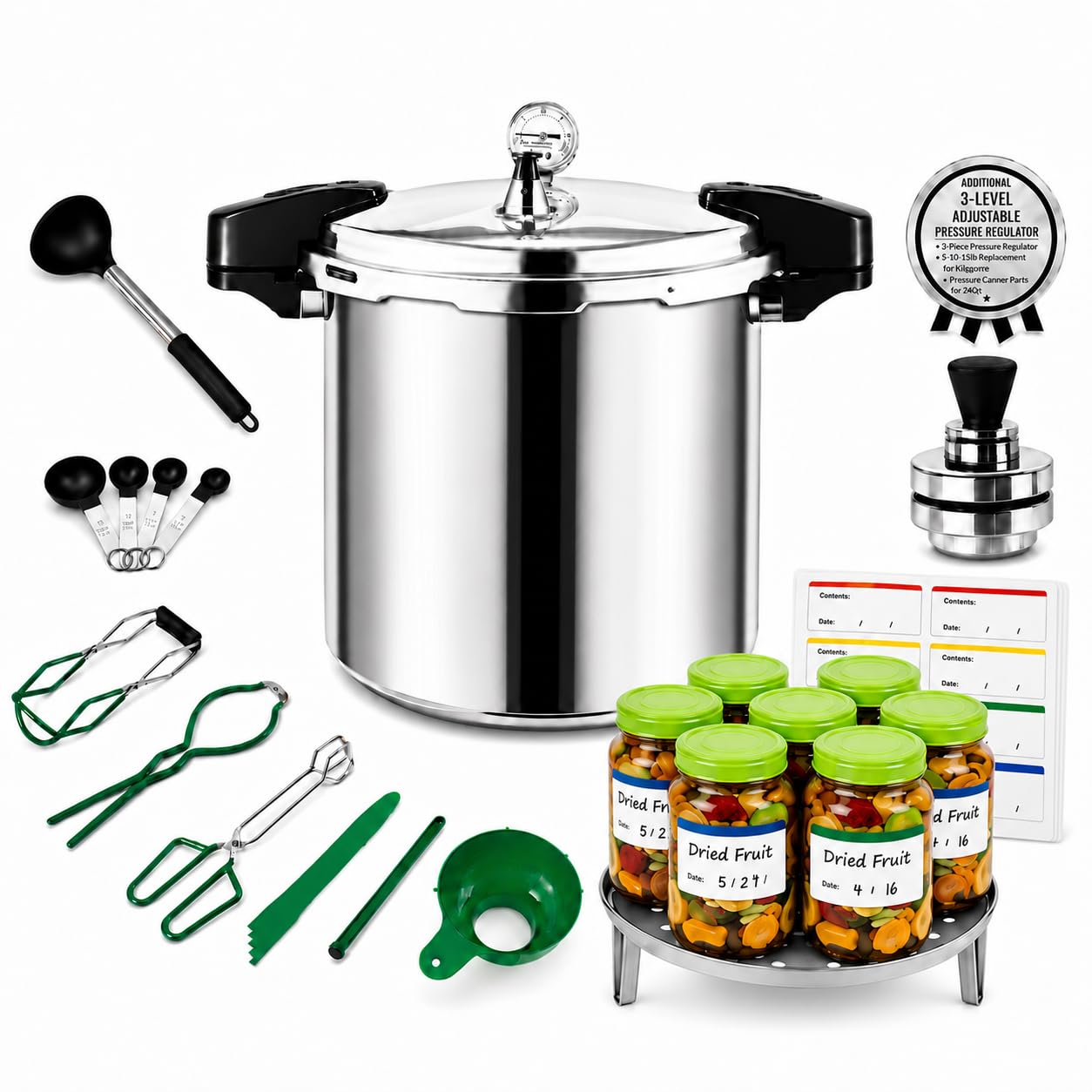 24QT Pressure Canner, 11Piece Kit, Gas & Induction, 5/10/15 PSI Regulator